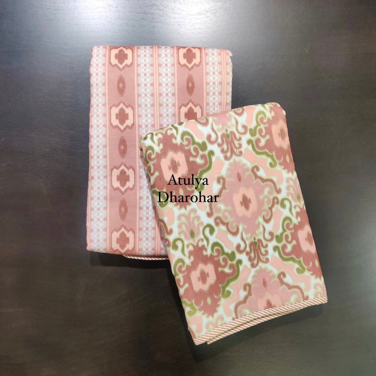 Rust and Green Ikat Mulmul Single Dohar Pair with Super King Bedsheet Set