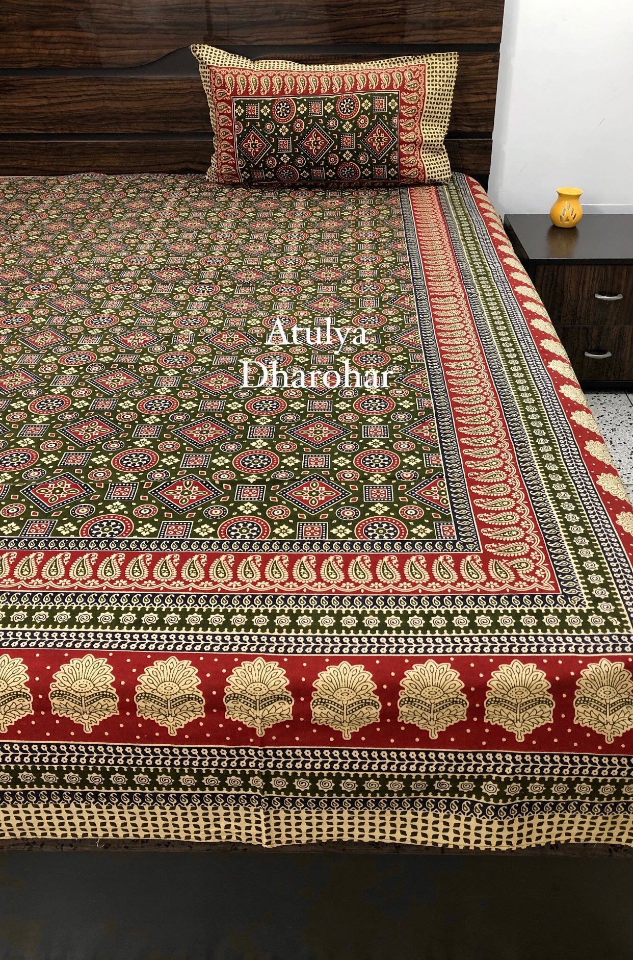 Green and Maroon Ajrakh Super King Cotton Bedsheet