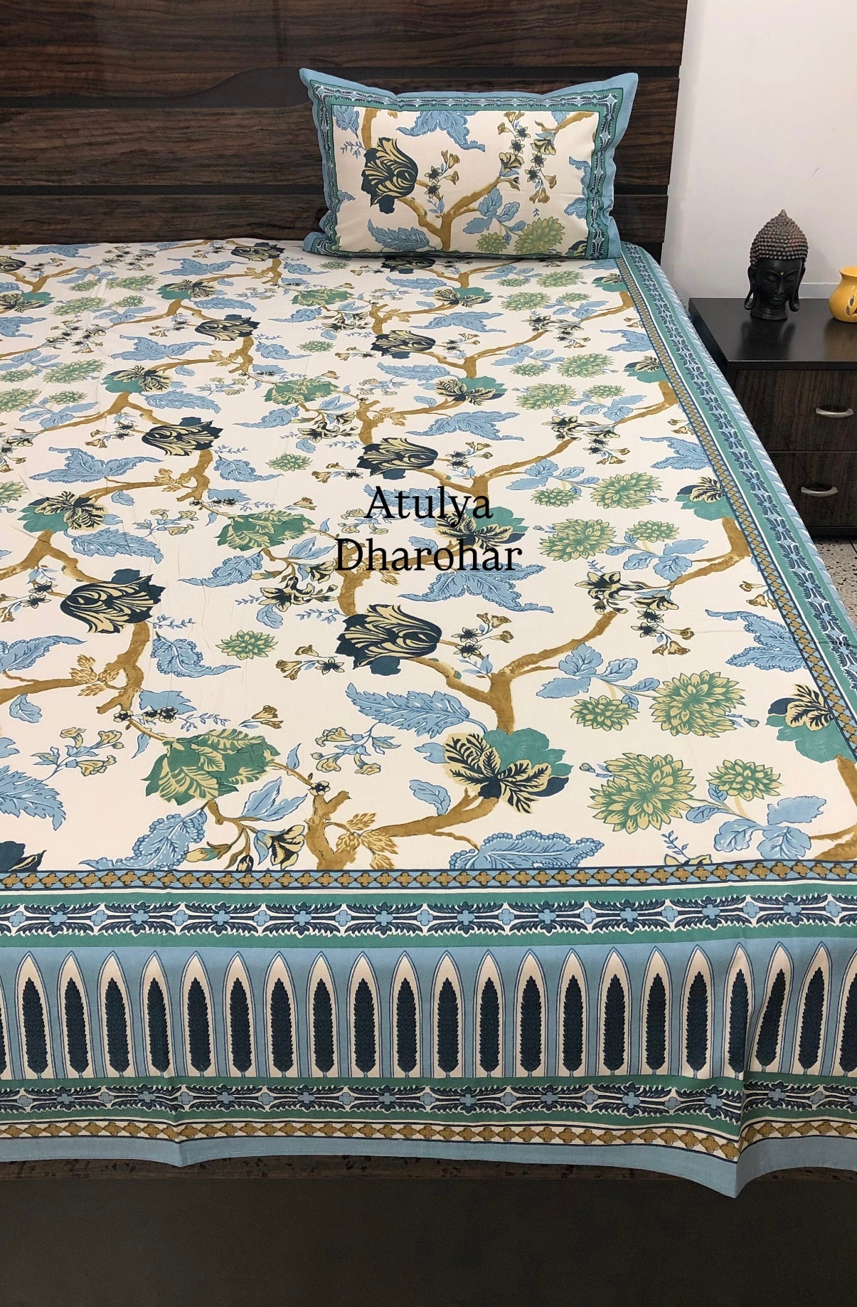 Blue and Green Floral Jaal Cotton Super King Bedsheet
