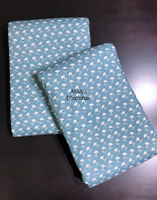 Turquoise Blue Floral Motifs Mulmul Single Dohar Pair