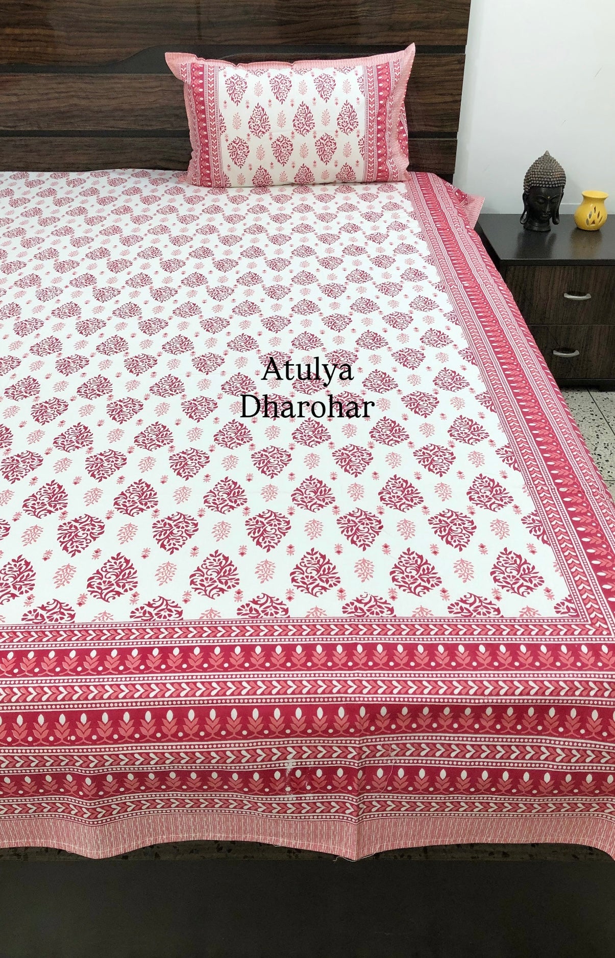 Pink Mughal Motifs Cotton King Size Bedsheet