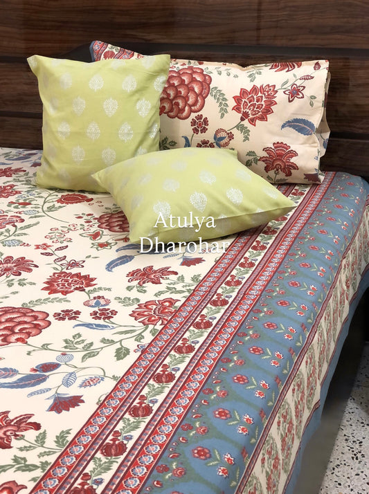 Red and Green Floral Jaal Cotton Super King Bedsheet