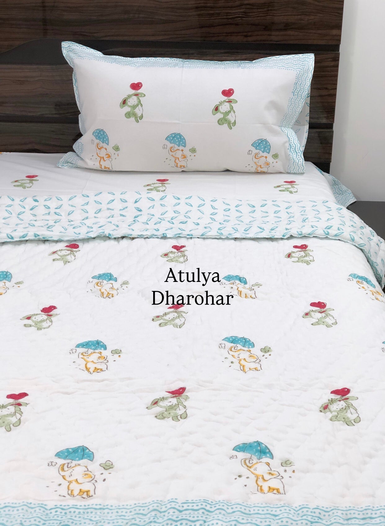 Elephant and Rabbit Baby Hand Block Printed Quilt