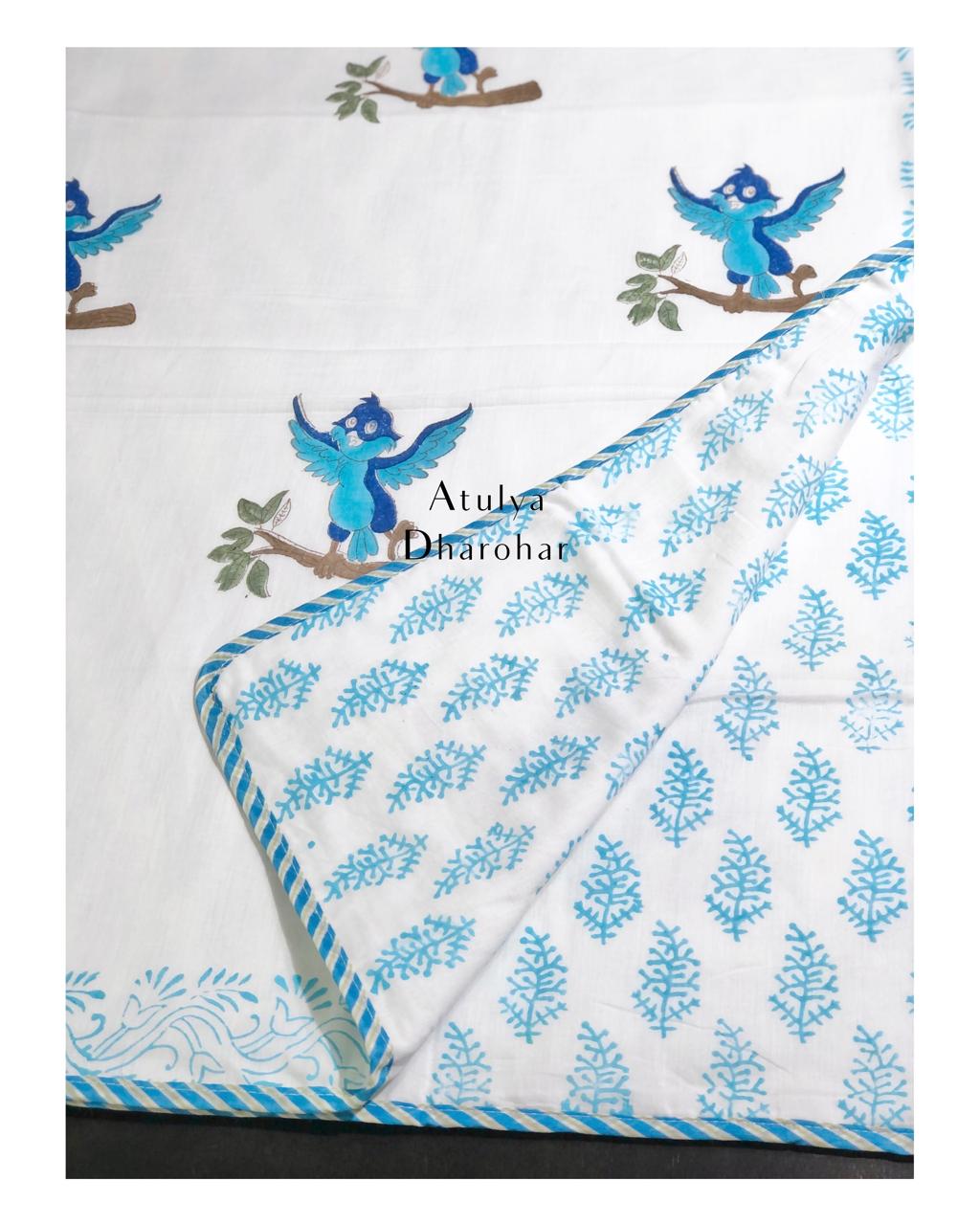 Happy Bird Hand Block Printed Baby Mulmul Dohar