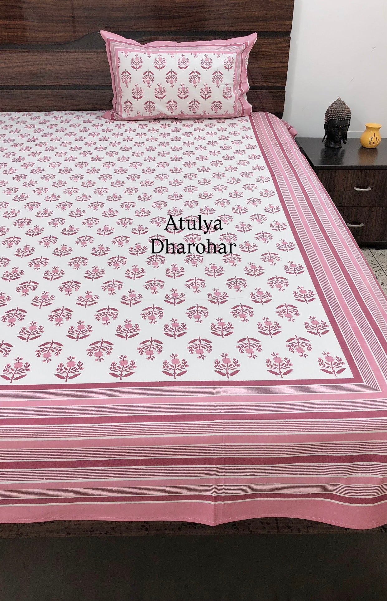 Pink Floral Motifs Cotton King Size Bedsheet