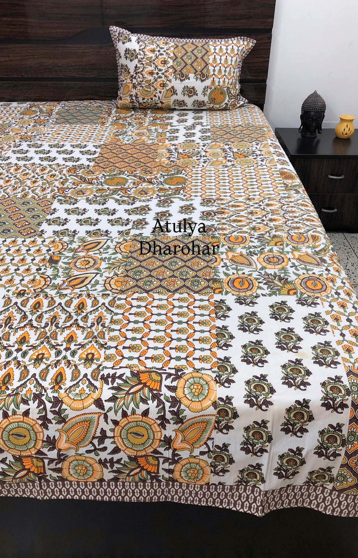 Yellow and Green Patchwork Look Cotton Super King Bedsheet