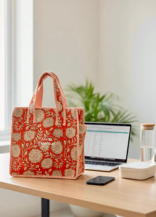 Orange Floral Mini Tote Bag with Zip