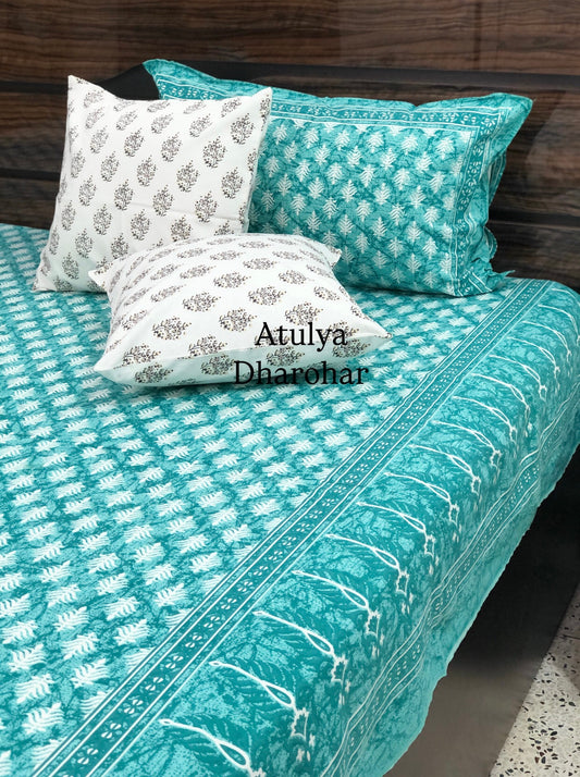 Turquoise Floral Motifs Cotton Super King Bedsheet