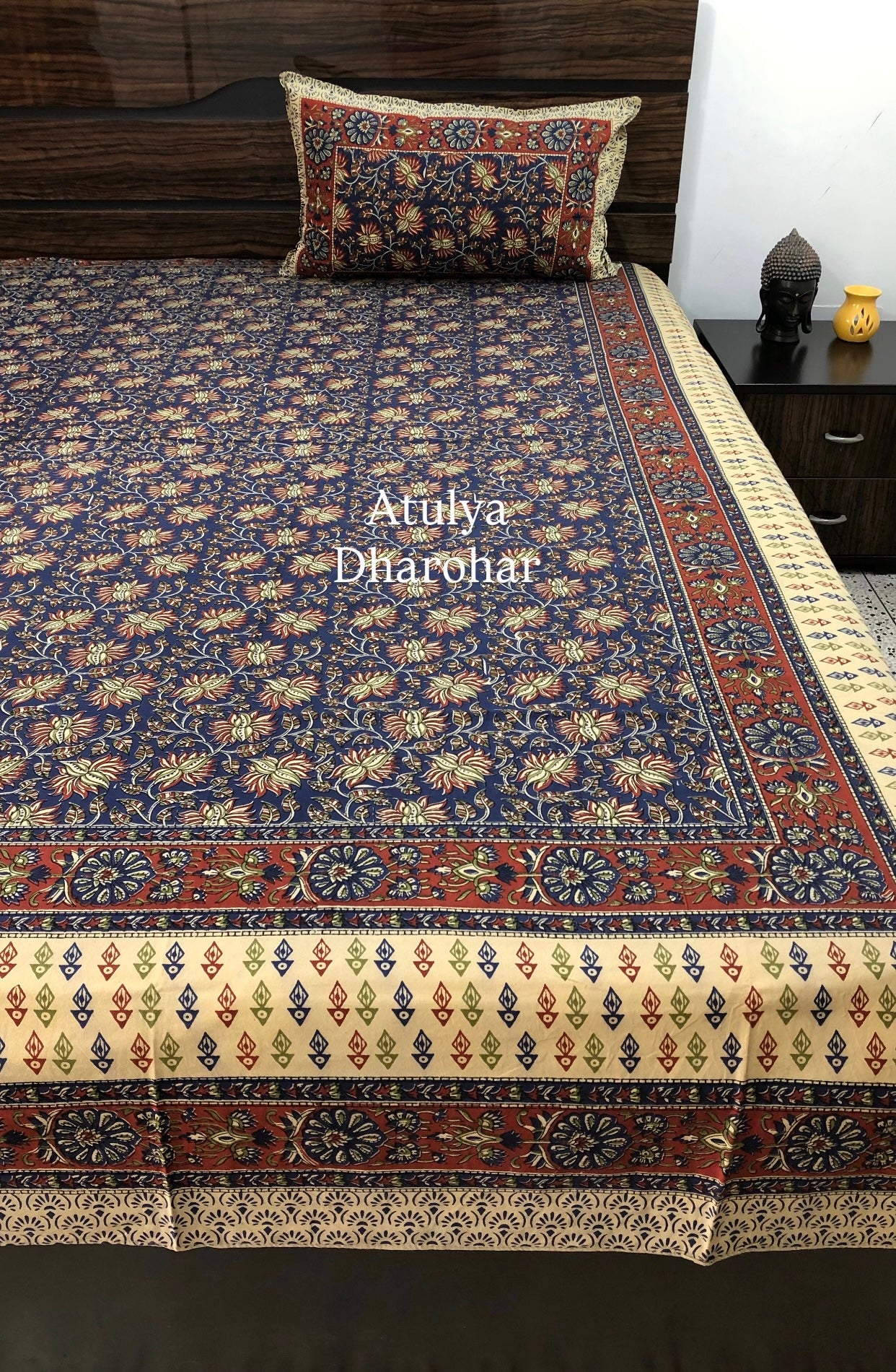 Indigo and Red Cotton Kalamkari Super King Bedsheet