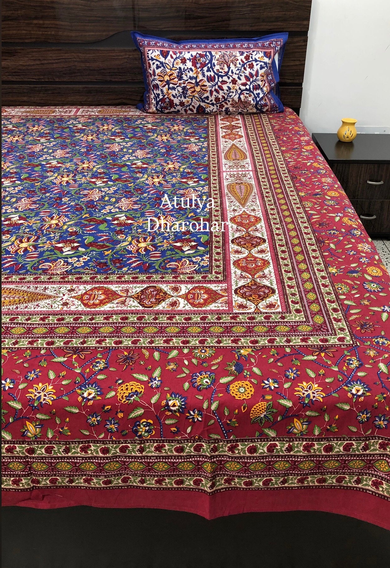 Blue & Red Floral Jaal Cotton Super King Bedsheet