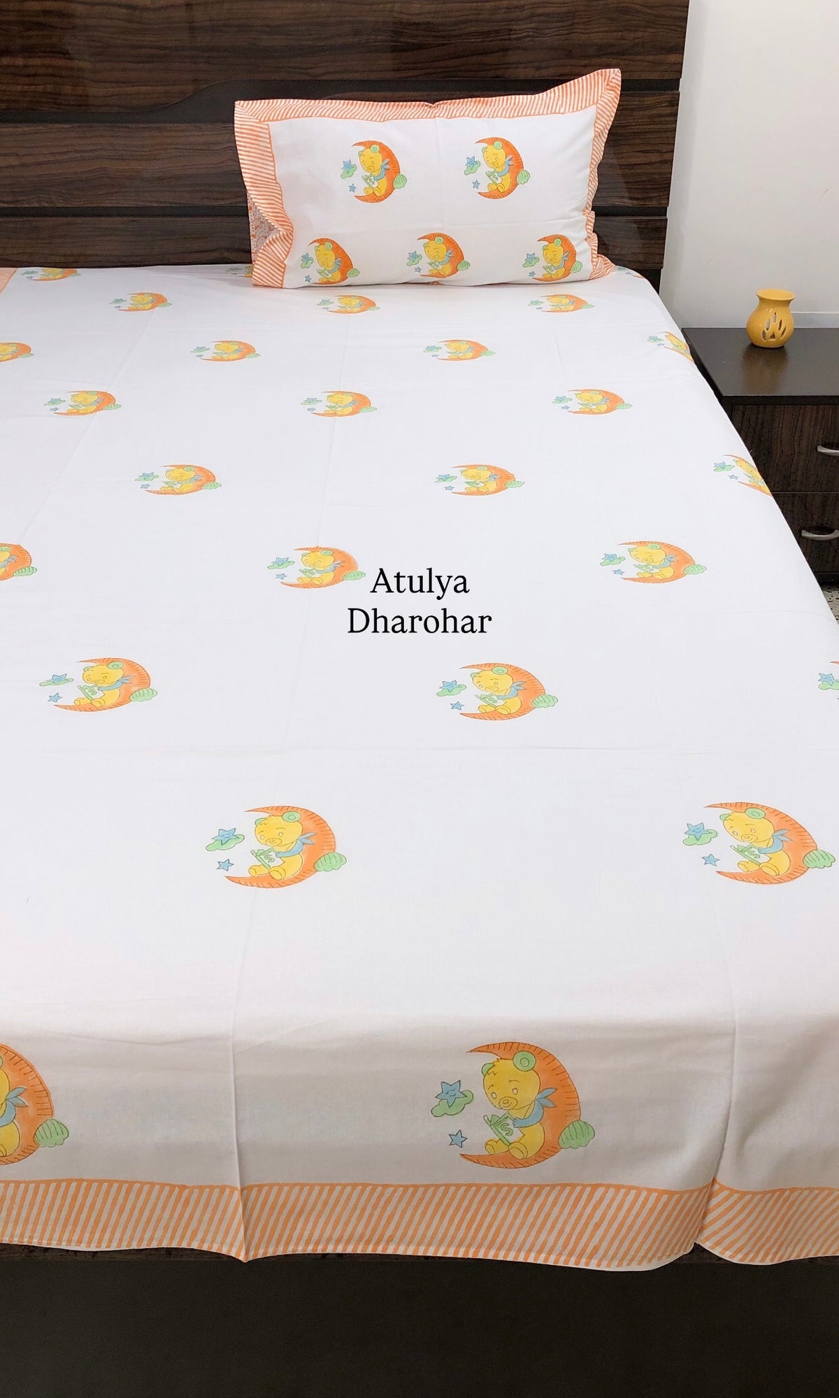 Reading Bunny Kids Hand Block Printed Single Bedsheet