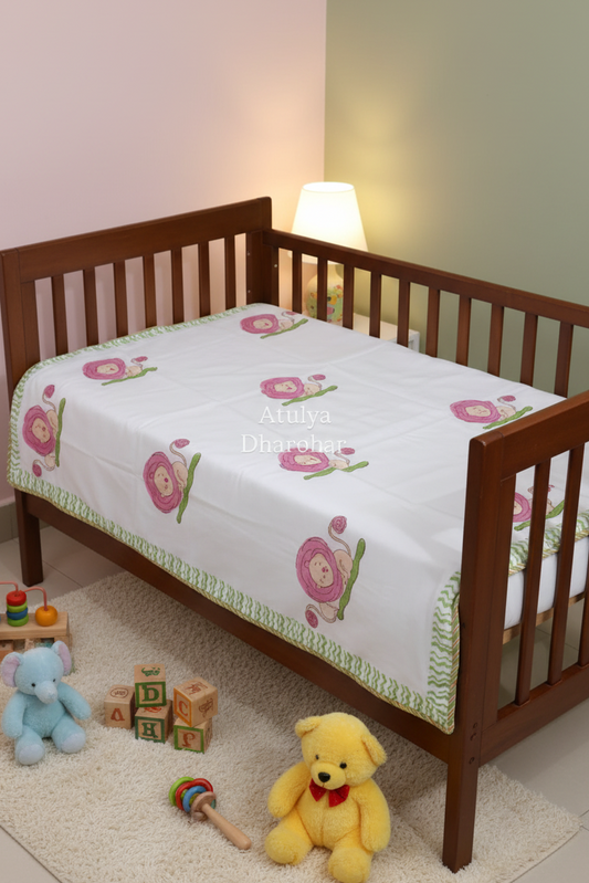 Pink Lion Hand Block Printed Mulmul Baby Dohar