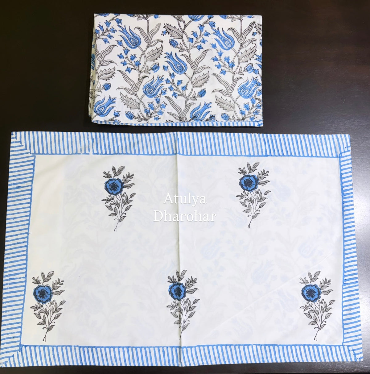 Blue Floral Mughal Jaal Percale Cotton Hand Block Printed Super King Bedsheet