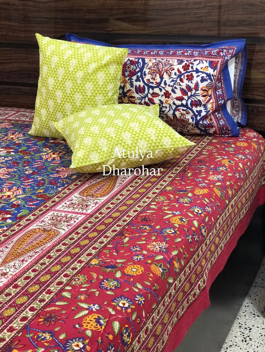 Blue & Red Floral Jaal Cotton Super King Bedsheet