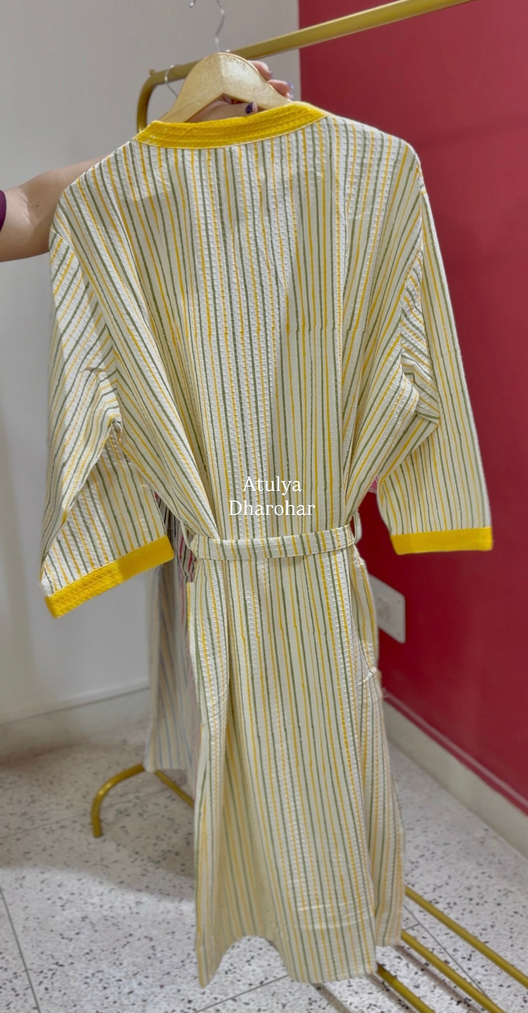 Yellow Strips Hand Block Printed Waffle Cotton Bathrobe