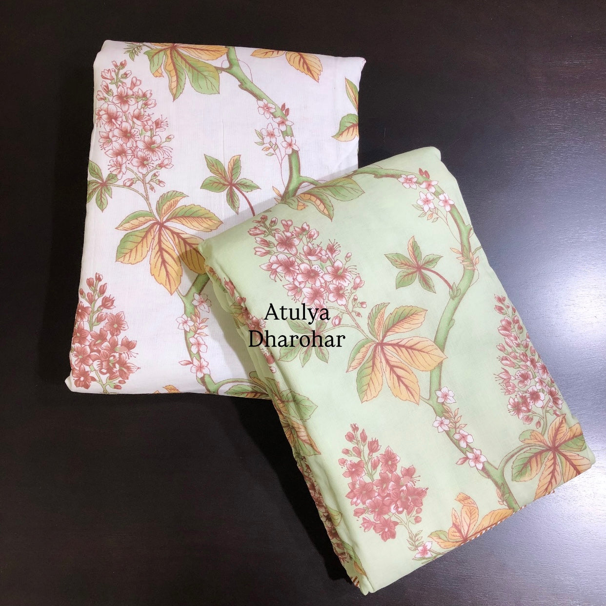 Green and Rust Floral Jaal Mulmul Single Bed Dohar Pair