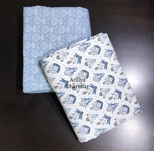 Blue Floral Motifs Cambric Cotton Single Dohar Pair