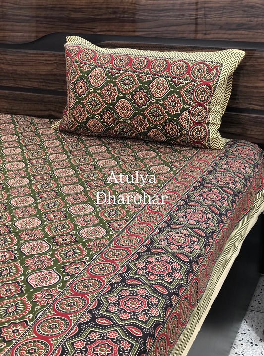Green Ajrakh Cotton King Size Bedsheet