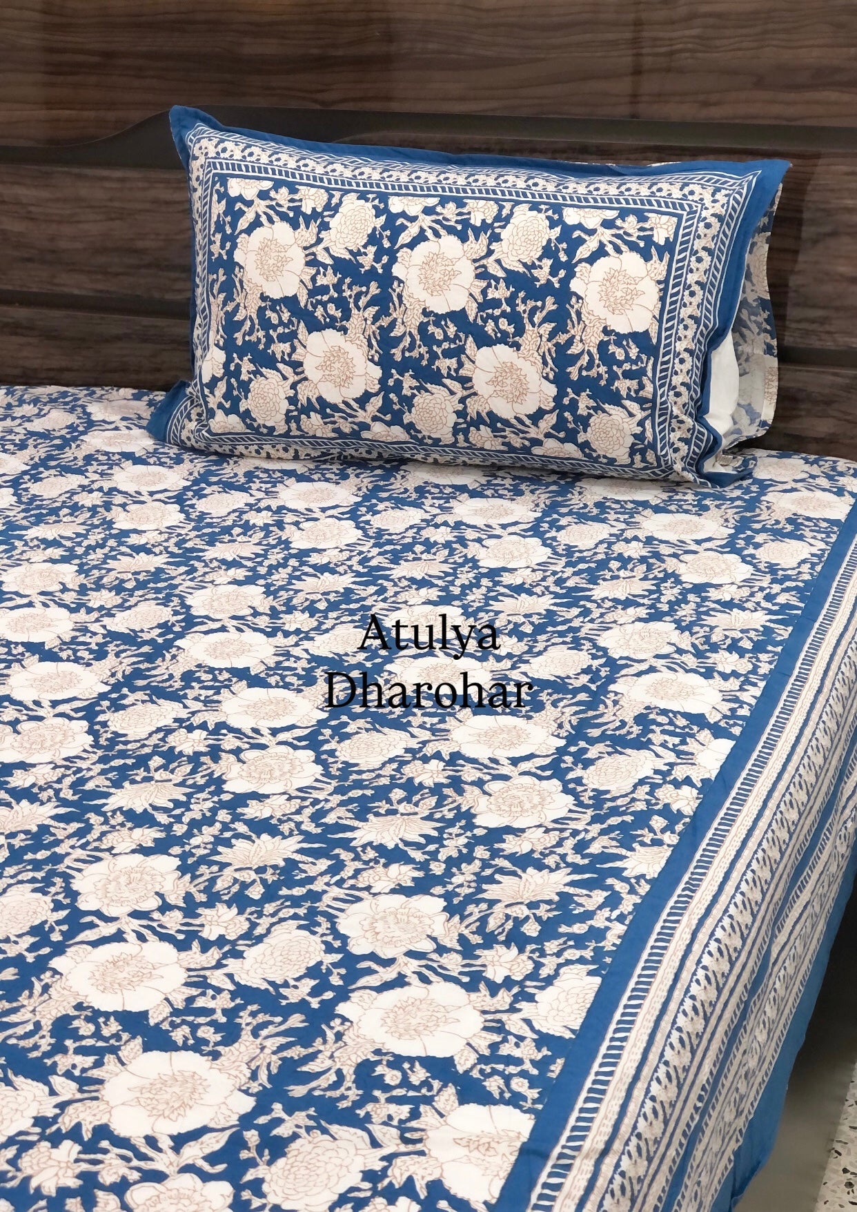 Blue Floral Jaal Cotton Super King Bedsheet