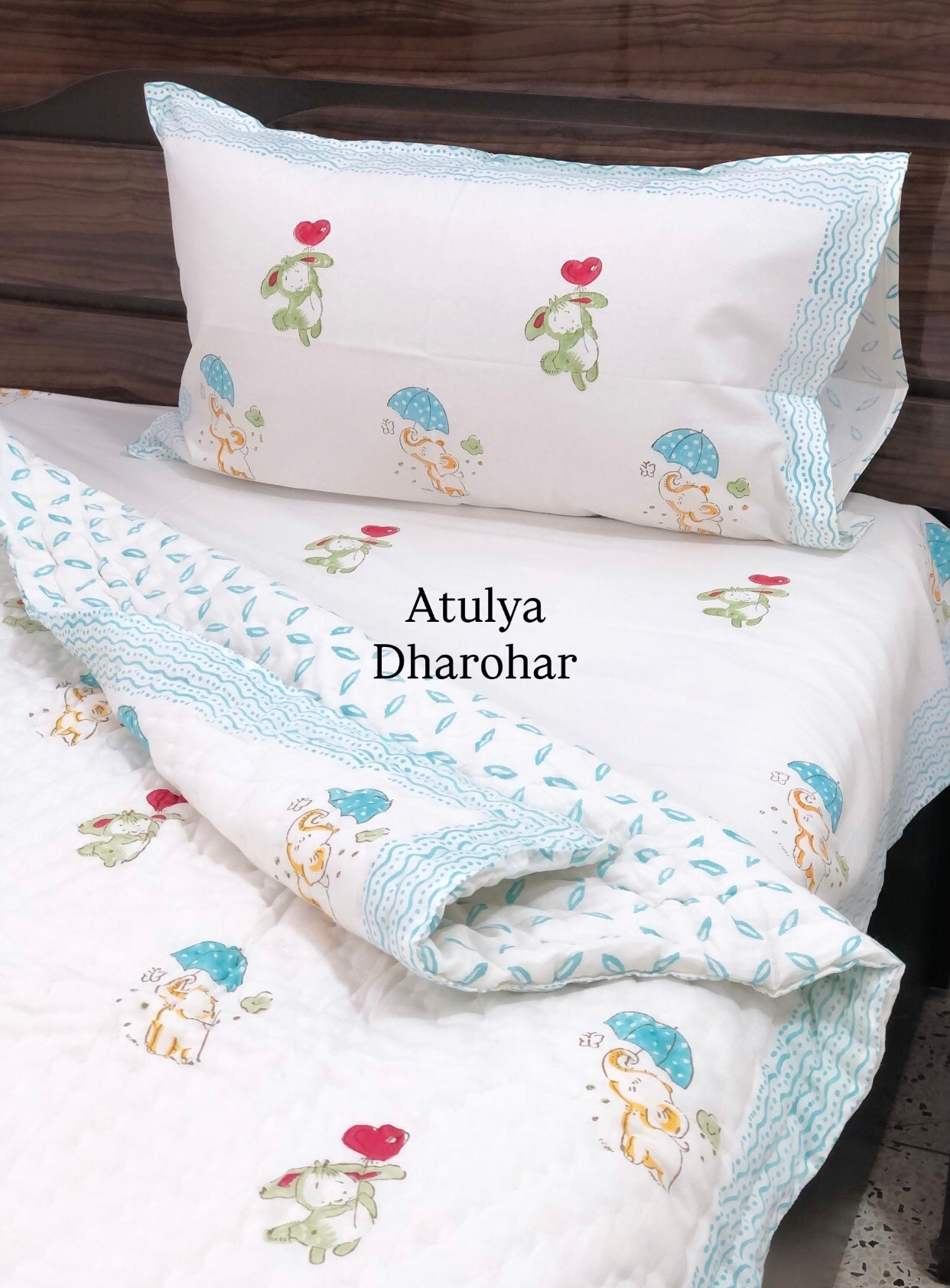 Elephant and Rabbit Baby Hand Block Printed Quilt