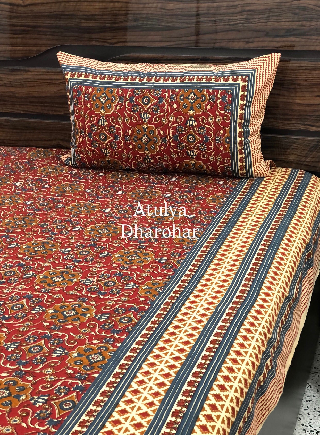 Maroon and Mustard Kalamkari Cotton King Size Bedsheet