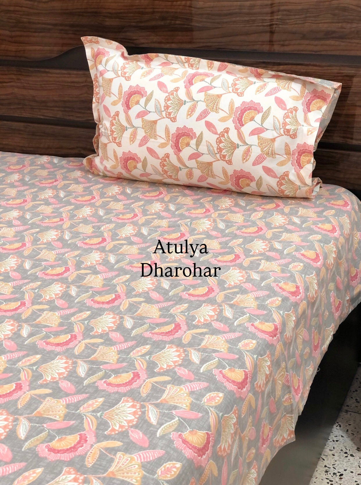 Grey & Pink Floral Jaal Cotton King Size Bedsheet