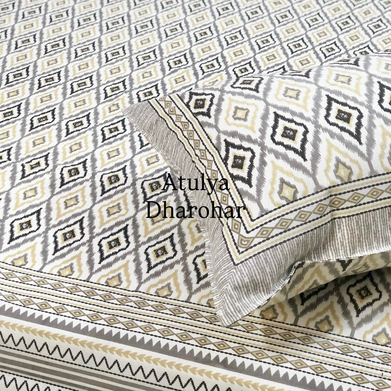 Grey Ikat Cotton King Size Bedsheet