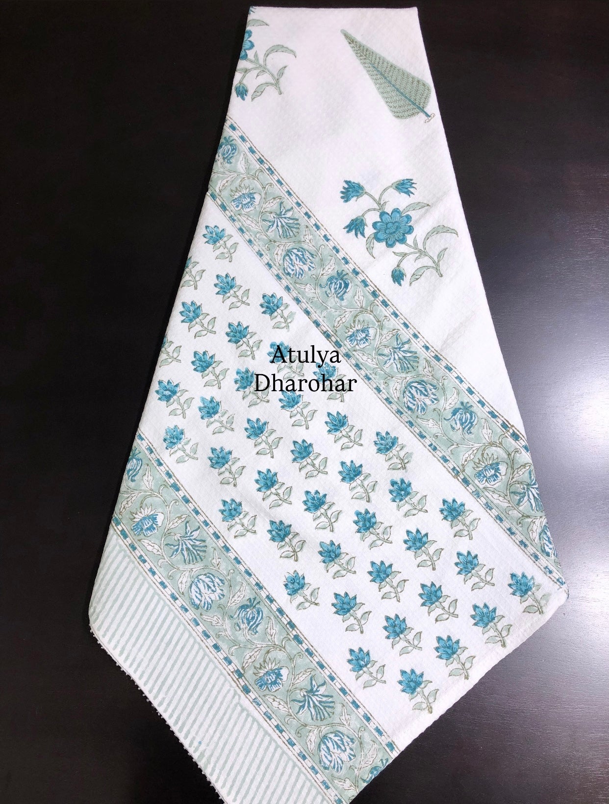 Teal and Green Floral Motifs Hand Block Printed Waffle Cotton Towel