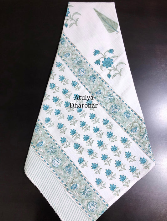 Teal and Green Floral Motifs Hand Block Printed Waffle Cotton Towel