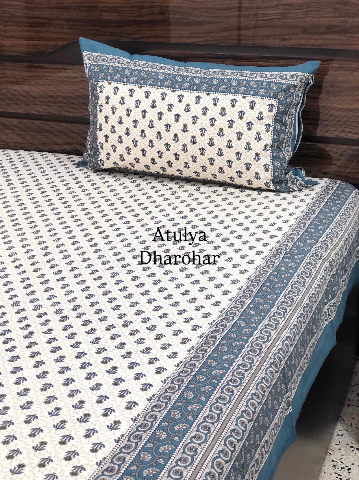 Bluish Grey Floral Mughal Jaal Cotton King Size Bedsheet