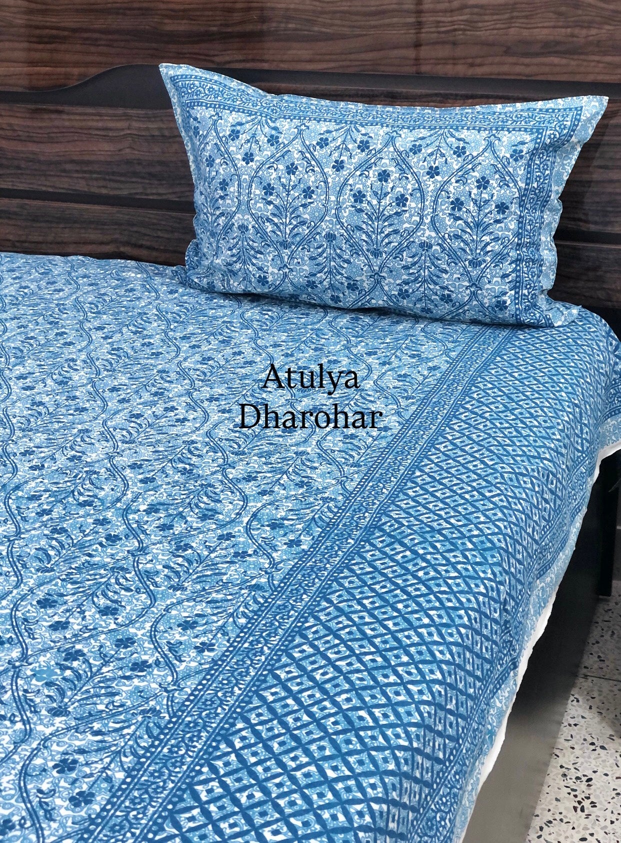 Blue Mughal Jaal Cotton King Size Bedsheet