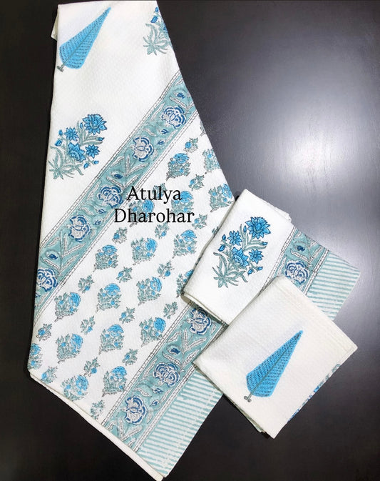 Blue Floral Motifs Hand Block Waffle Cotton Towel Set