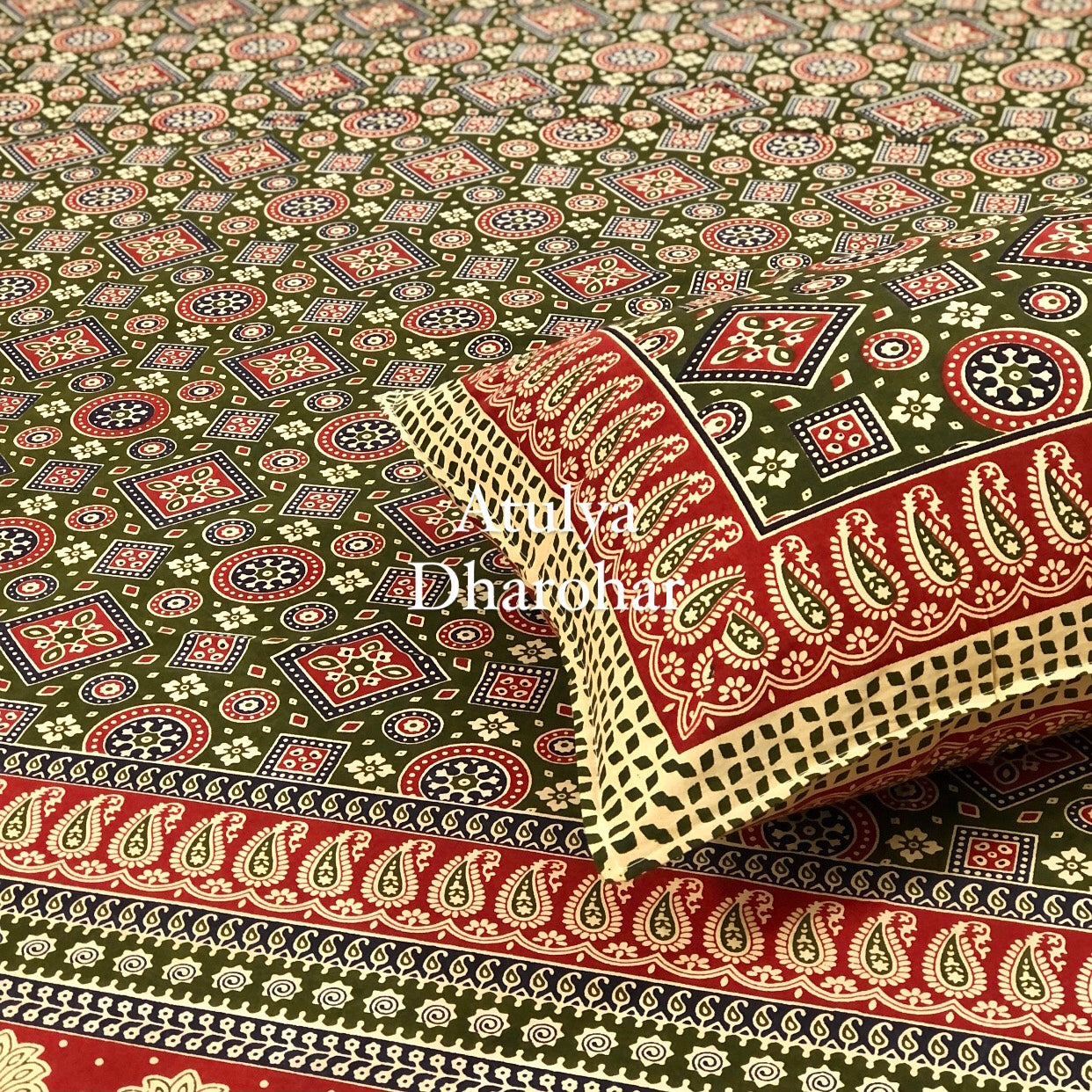 Green and Maroon Ajrakh Super King Cotton Bedsheet