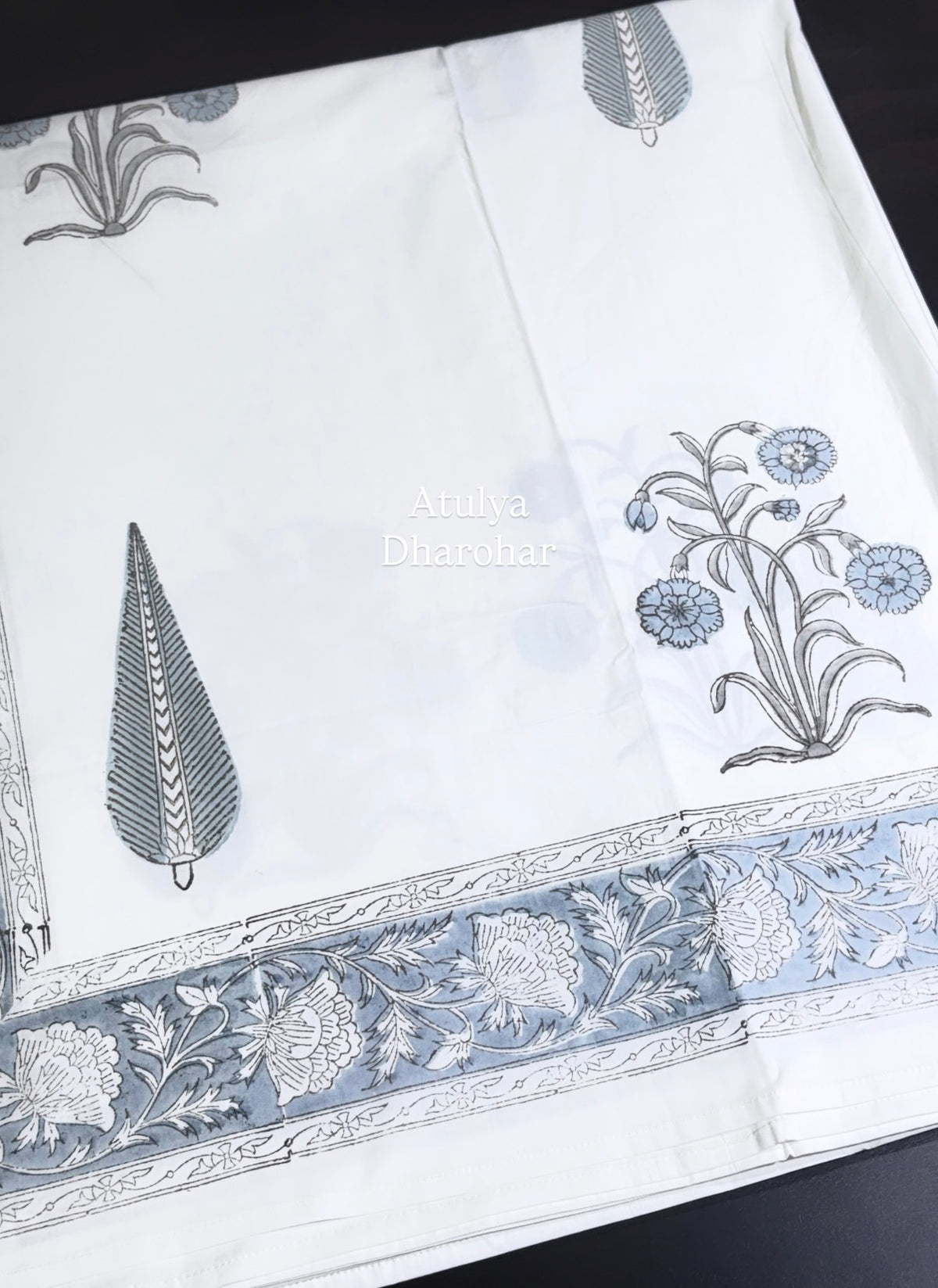 Blue and Grey Floral Motifs Percale Cotton Hand Block Printed Super King Bedsheet