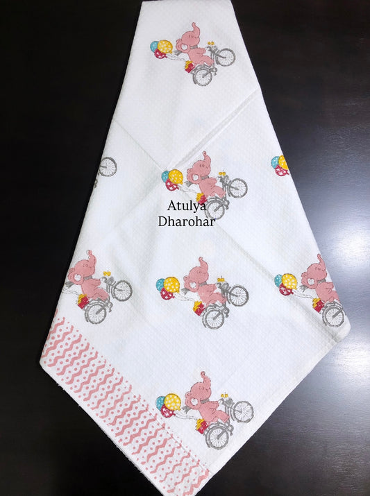 Elephant with Balloons Hand Block Printed Waffle Cotton Kids Towel