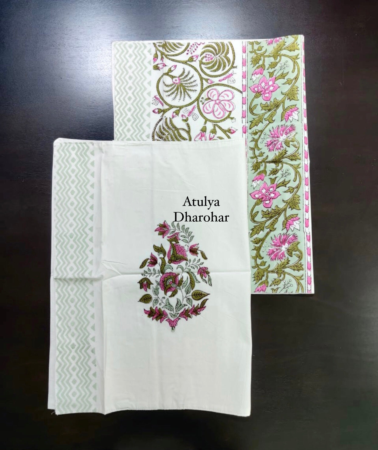 Green and Pink Floral Percale Cotton Hand Block Printed Pillow Covers
