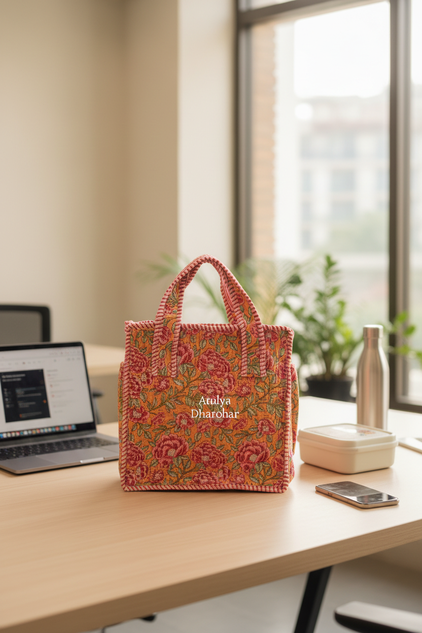 Peach and Pink Floral Mini Tote Bag with Zip