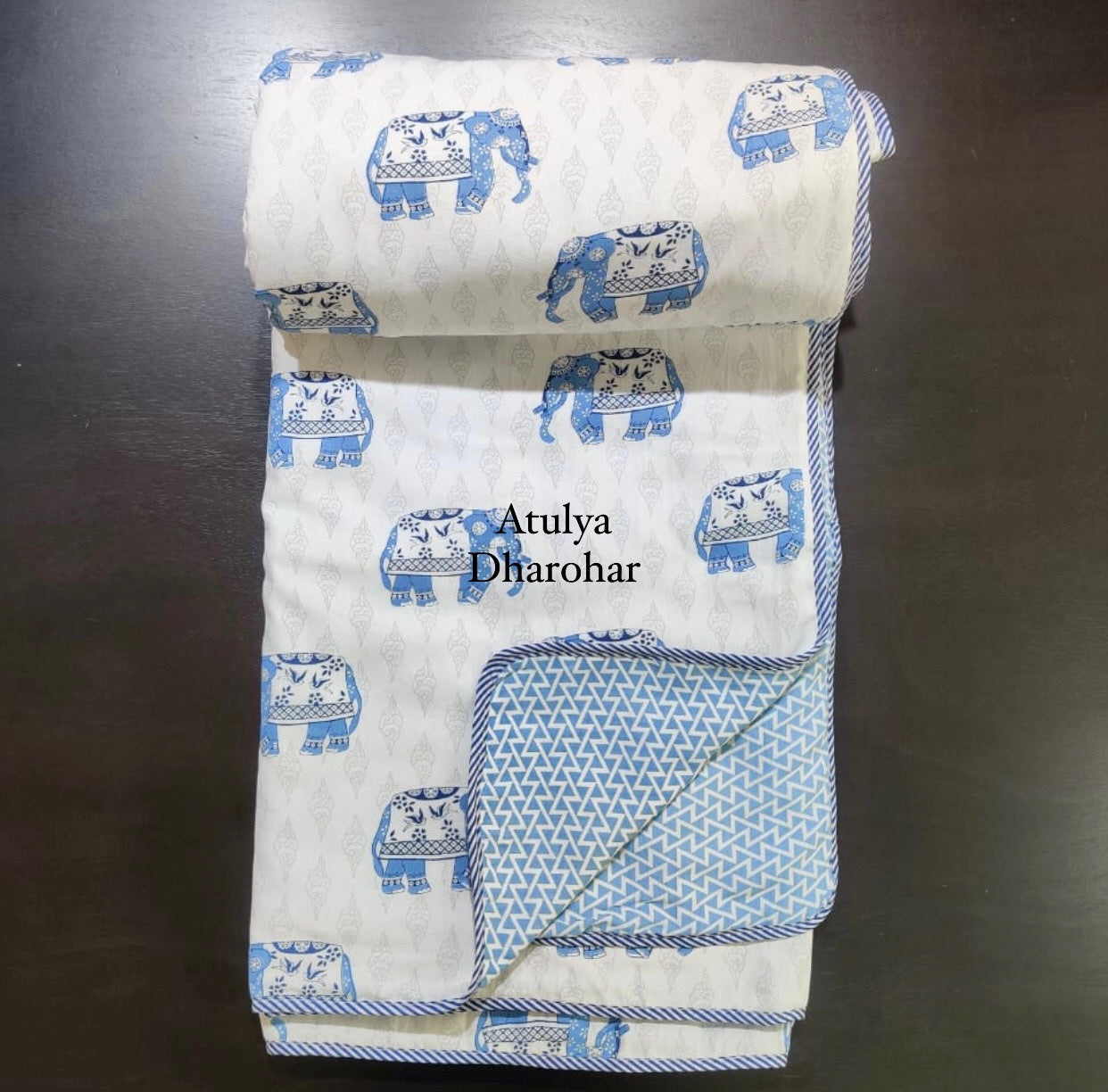 Blue Elephant Motifs Cotton Double Bed Dohar
