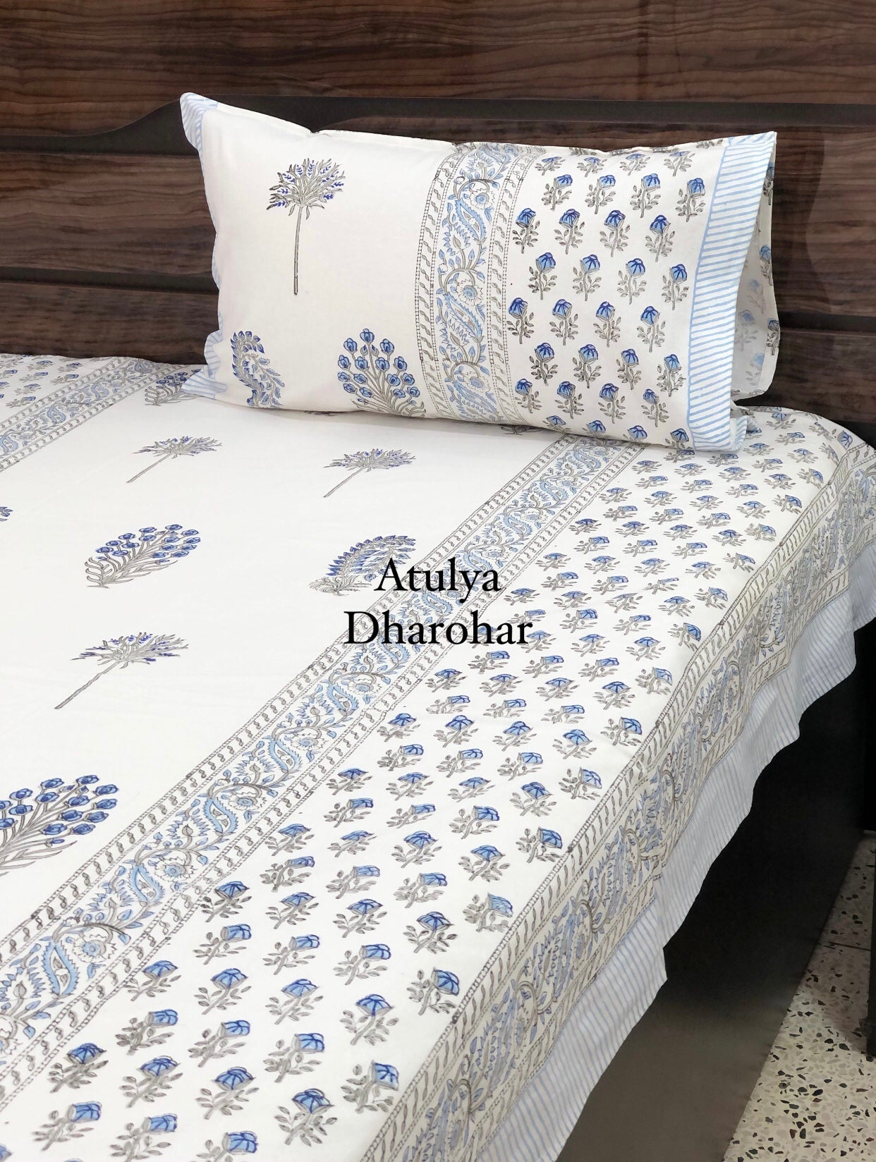 Blue Floral Motifs Hand Block Printed Super King Bedsheet