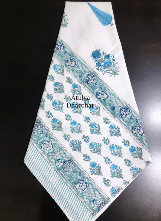 Blue and Teal Floral Motifs Hand Block Printed Waffle Cotton Towel