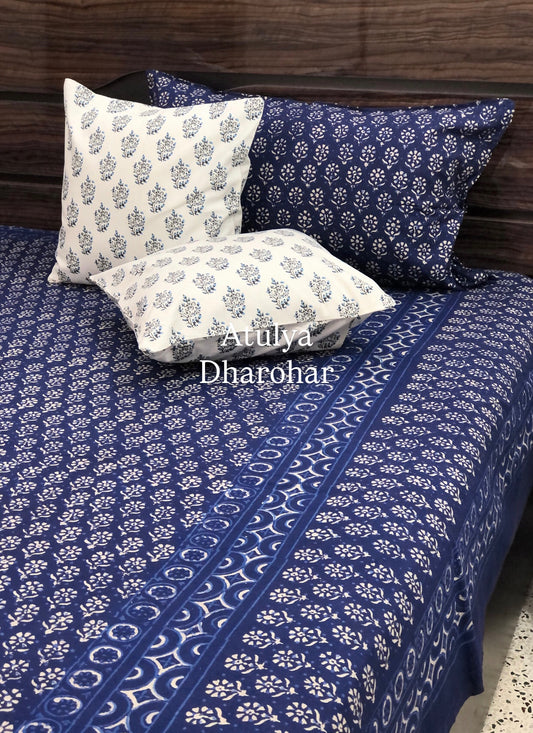 Indigo Butti Hand Block Printed Super King Bedsheet