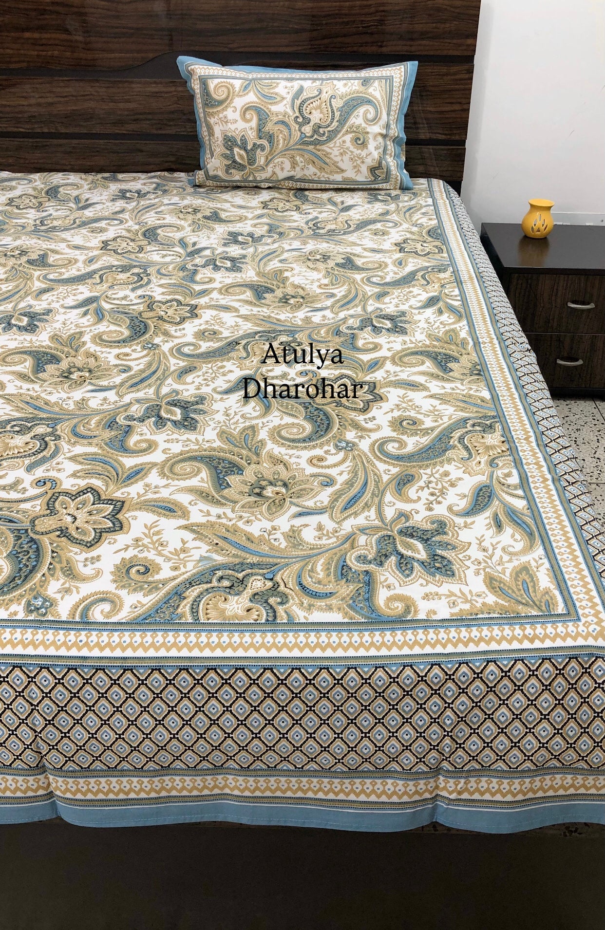 Turquoise Blue Paisley & Floral Jaal Cotton Super King Bedsheet