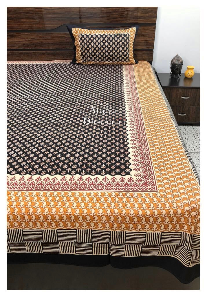 Black and Mustard Kalamkari Single Bedsheet