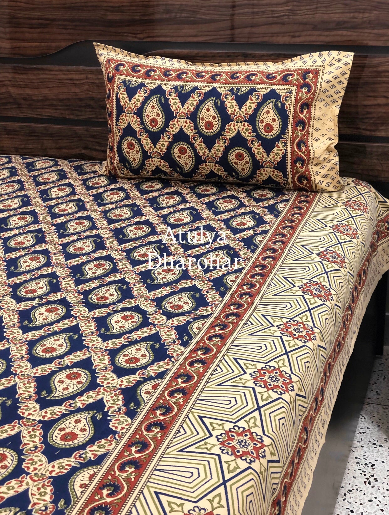 Indigo and Maroon Cotton Kalamkari Super King Bedsheet