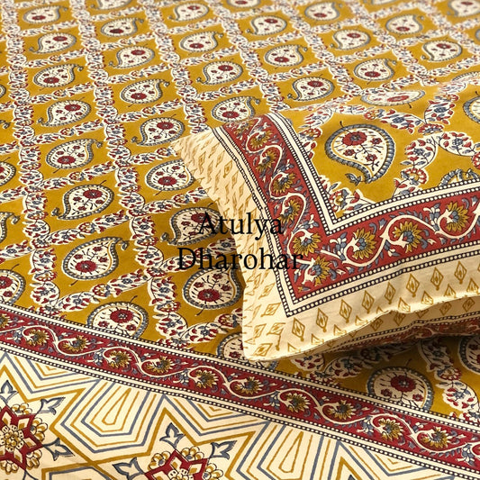 Mustard and Maroon Cotton Kalamkari Super King Bedsheet
