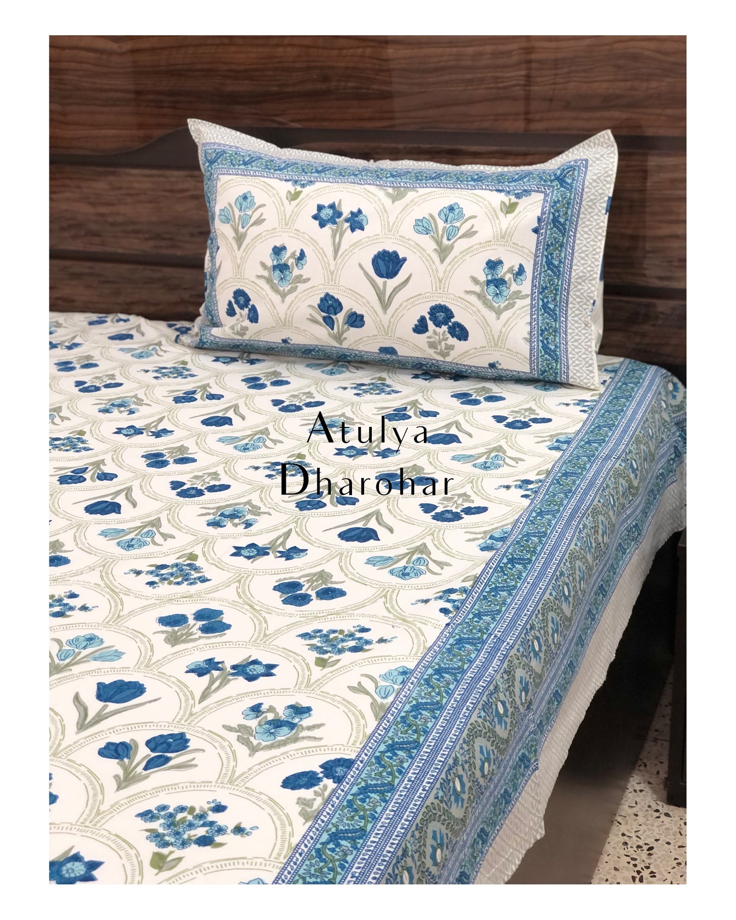 Blue and Grey Mughal Floral Jaal Bedsheet