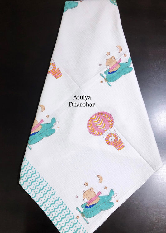 Flying Bunny with Hot Air Balloon Hand Block Printed Waffle Cotton Kids Towel