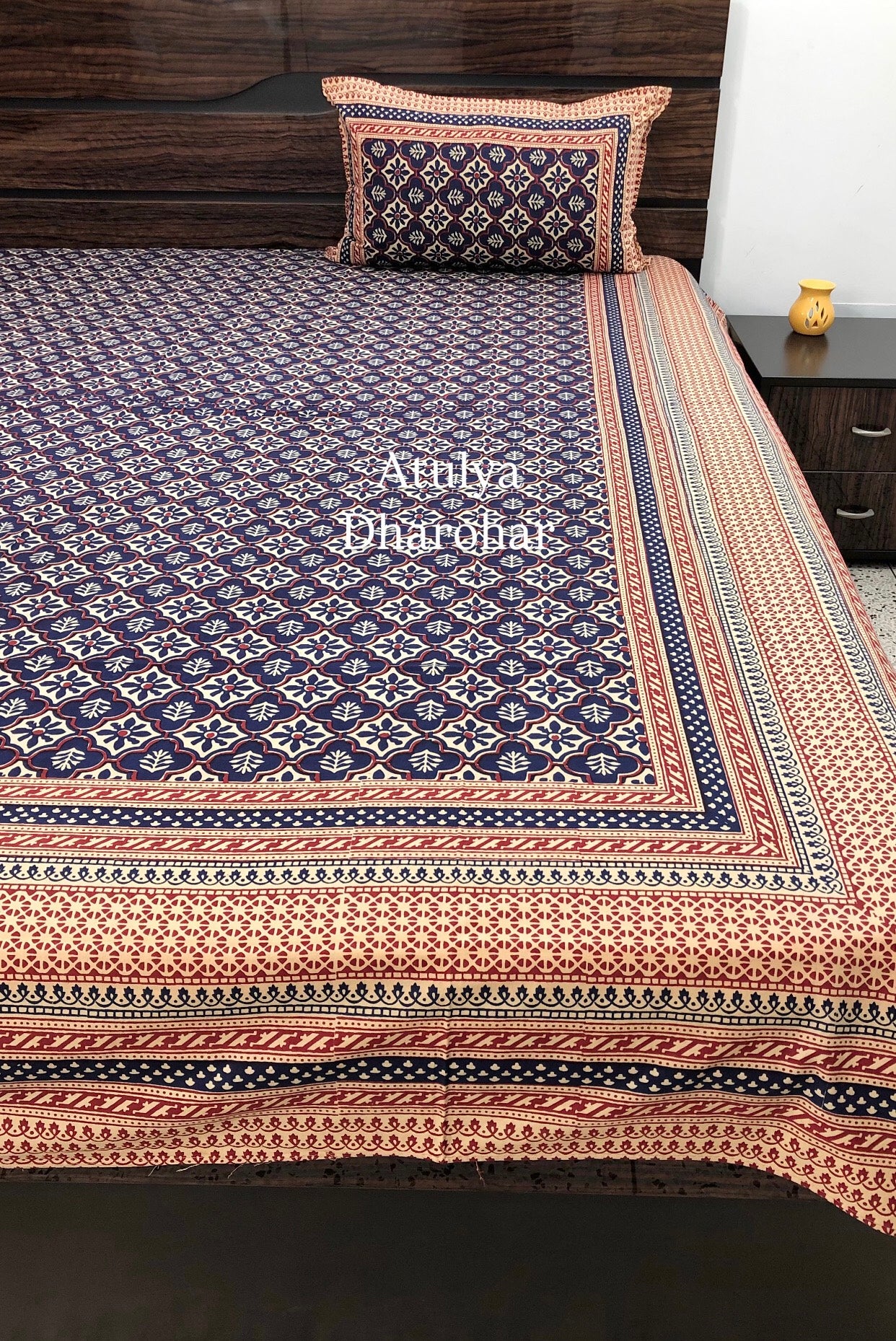 Indigo Cotton Kalamkari King Size Bedsheet