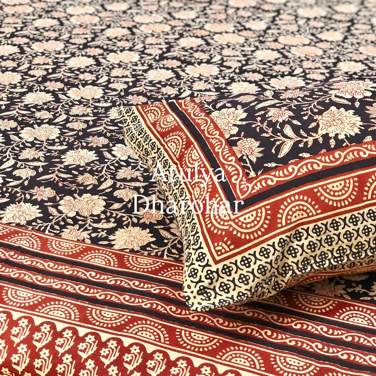 Black Kalamkari Cotton King Size Bedsheet
