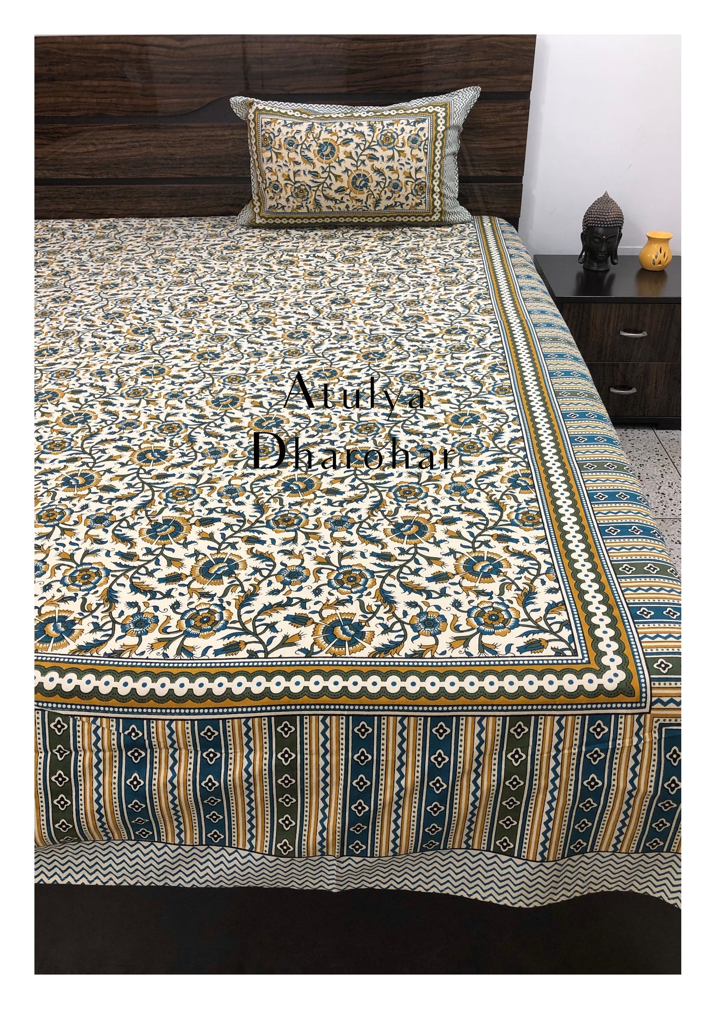 Green and Teal Floral Jaal Bedsheet